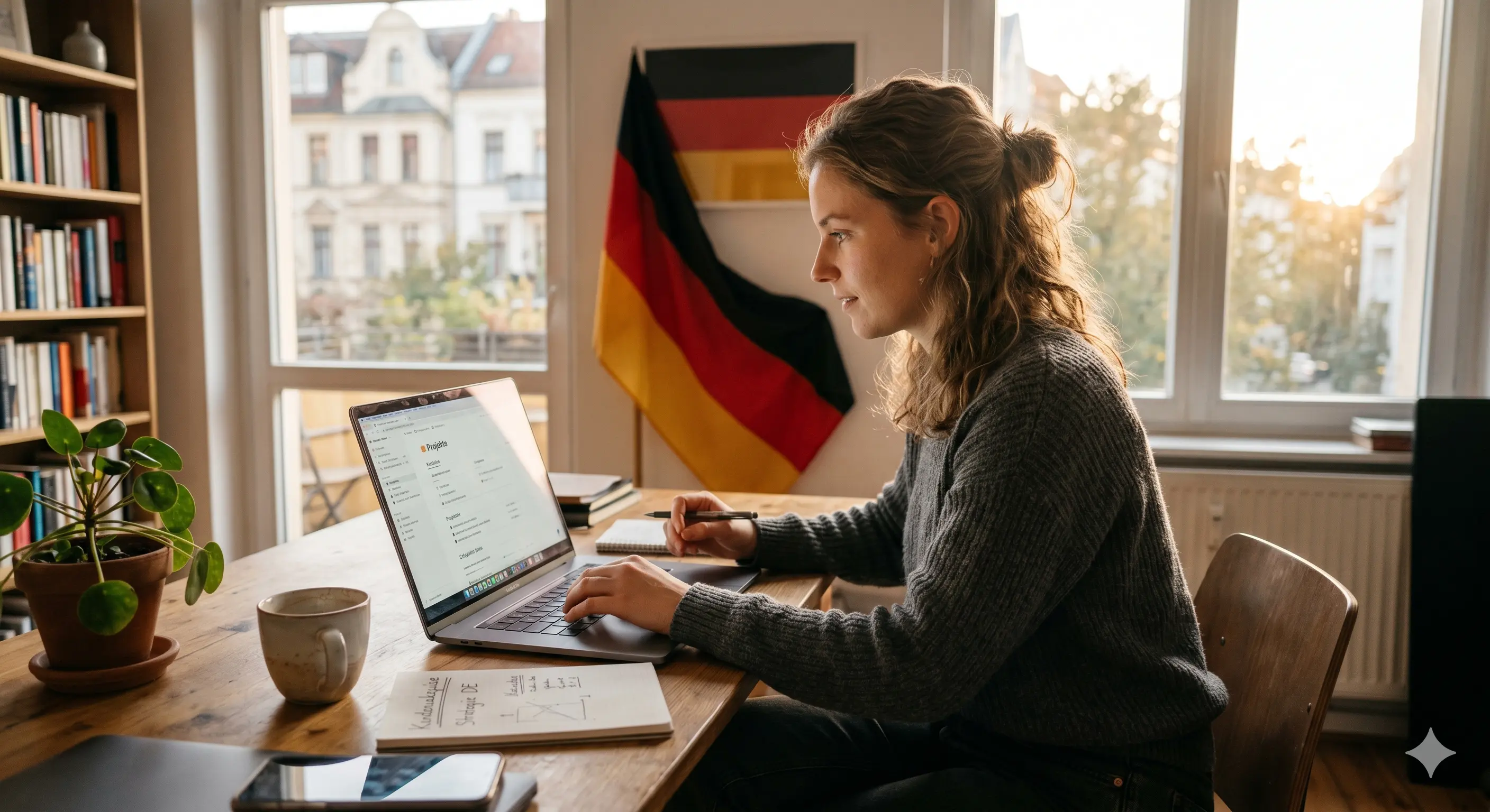 Freelancer working on a laptop with a subtle German flag background, symbolizing getting clients in Germany