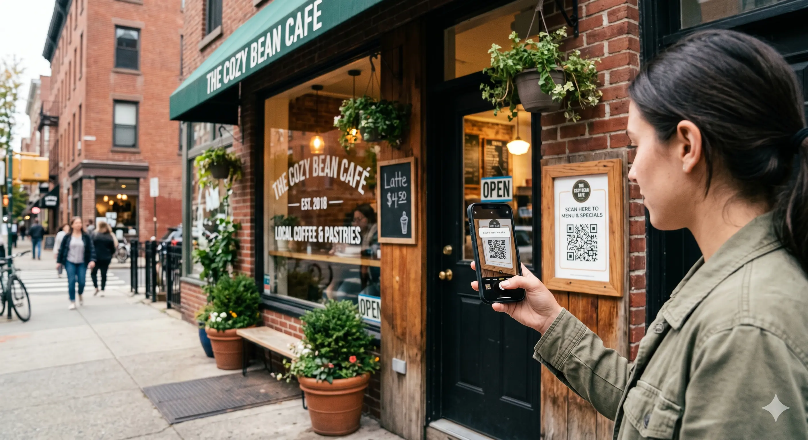 A smartphone scanning a QR code with a small business facade in the background, symbolizing local customer engagement and digital connection.