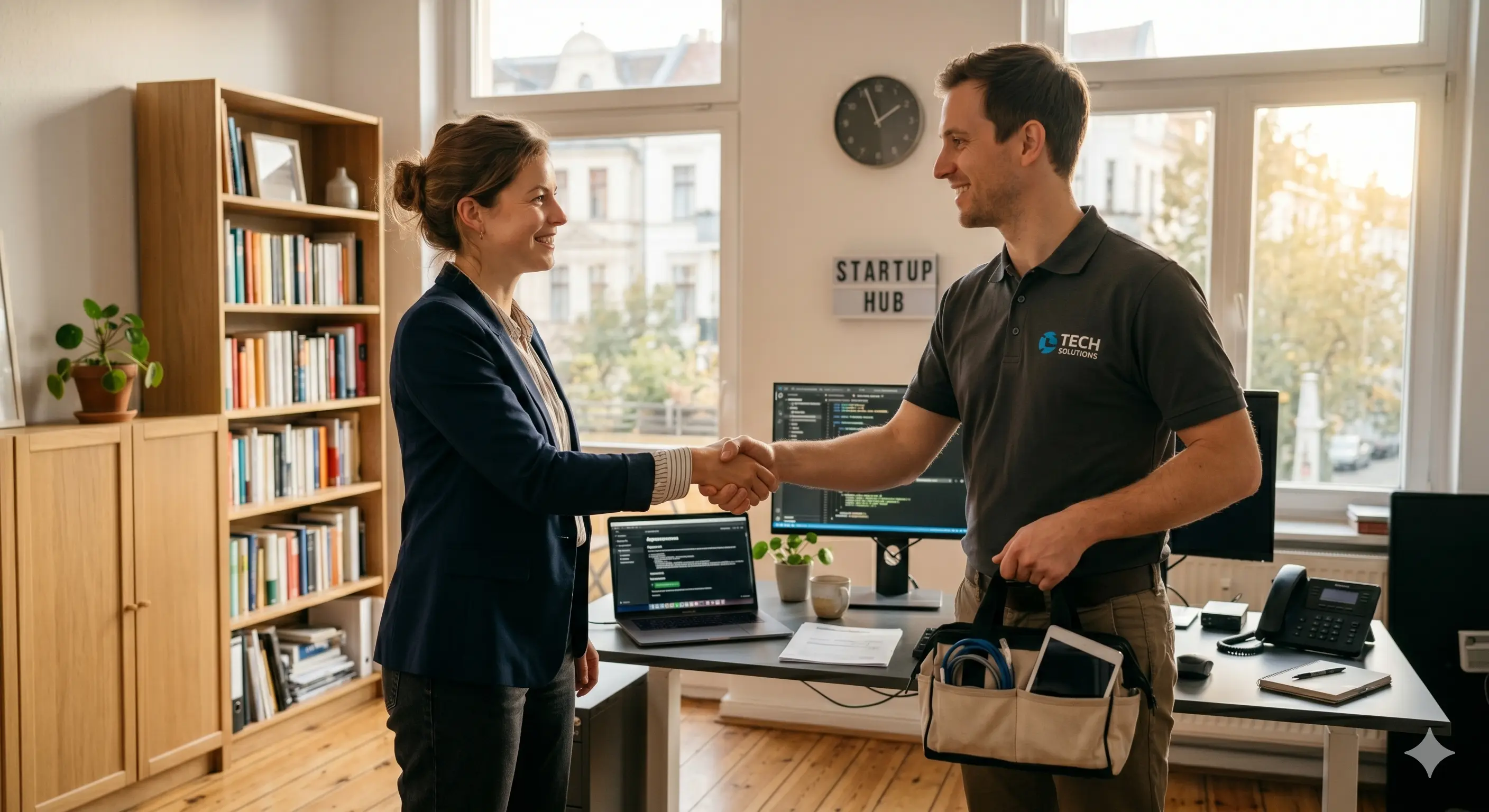 Small business owner shaking hands with an IT technician in an office setting